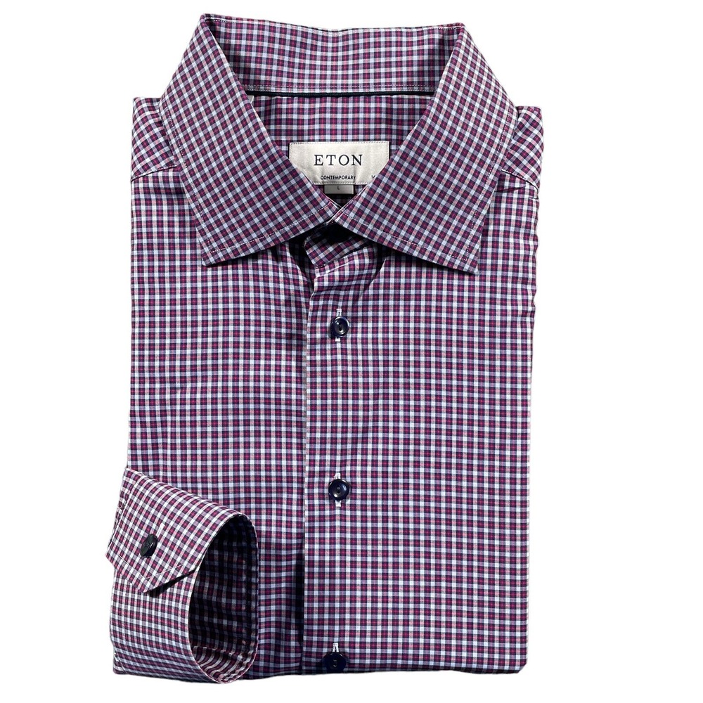 Eton Contemporary Fit Checked Plaid Button Front Dress Shirt Mens Sz L 42 16.5